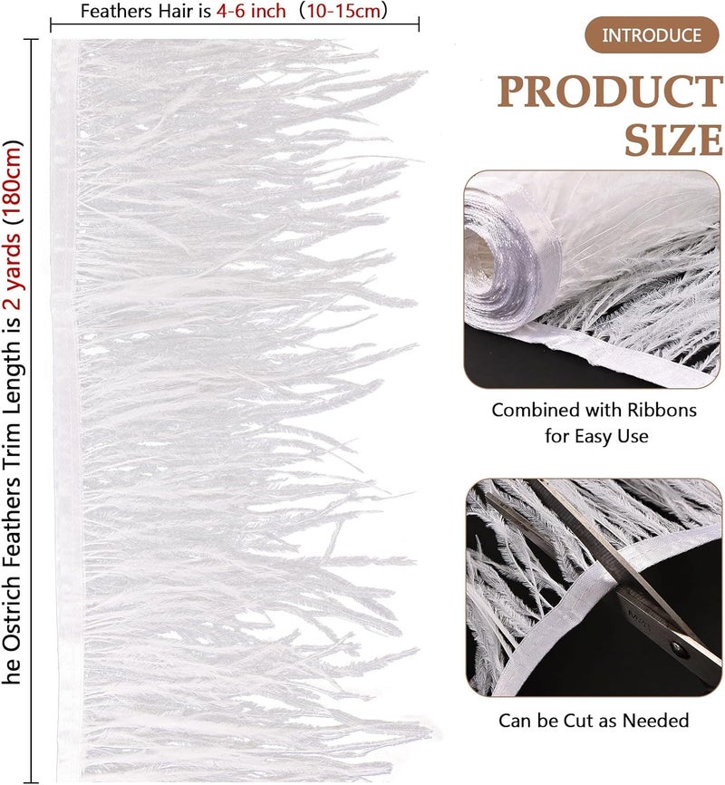 whitefeather 2 Yards 4-6inch Dyed Ostrich Feathers Trim Fringe for DIY Dress Sewing Crafts Ostrich Feathers Costumes Decoration (White) - Image 2